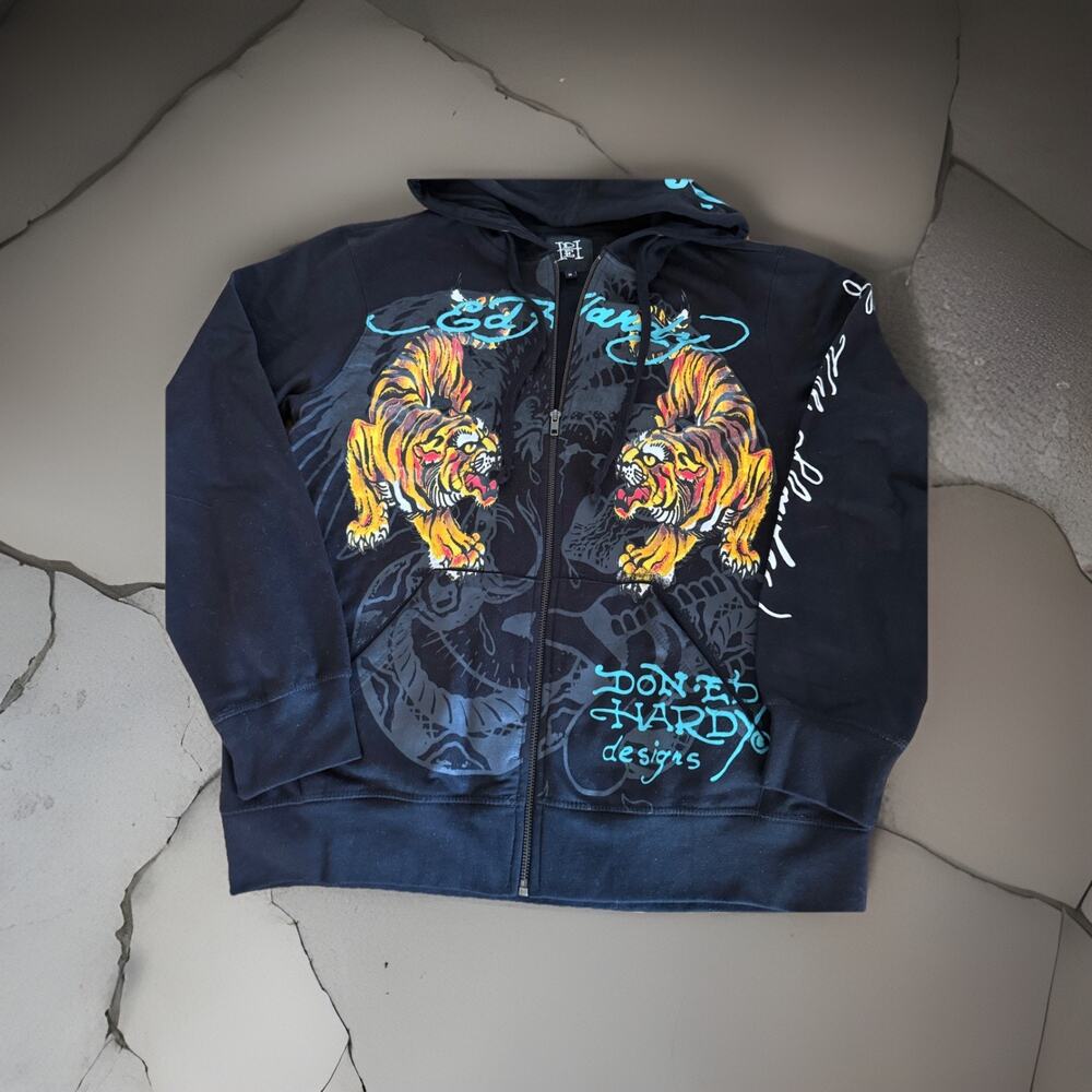 Ed Hardy Graphic Print Full Zip Hoodie Black Size Medium Men's